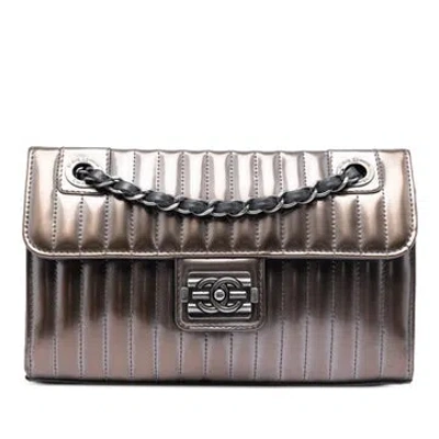 Pre-owned Chanel Patent Leather Small Vertical Quilted Patent Maharaja Express Flap In Gray