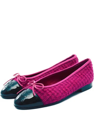 Pre-owned Chanel Patent-leather Toe-cap Tweed Ballerinas In Pink