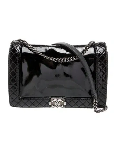 Pre-owned Chanel Patent Reverso Boy Wallet On Chain In Black