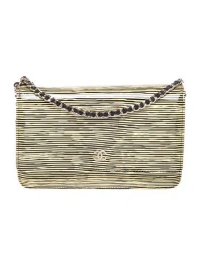 Pre-owned Chanel Patent Striped Wallet On Chain In Neutral