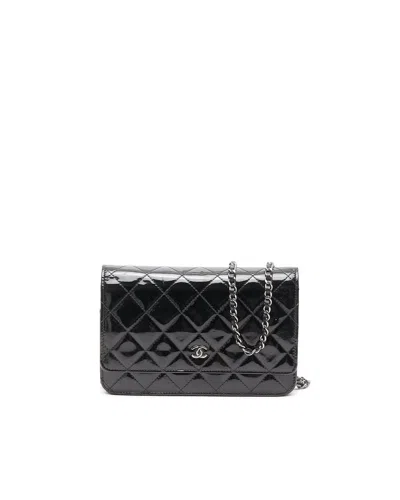 Pre-owned Chanel Patent Wallet On Chain Bag In Black