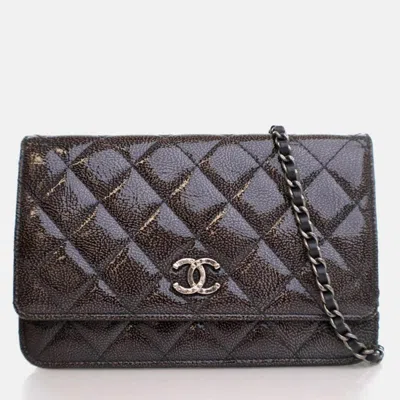 Pre-owned Chanel Patent Wallet On Chain (woc) In Black