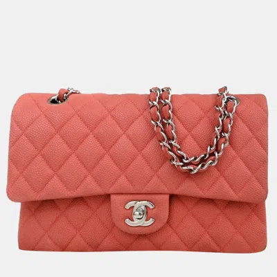 Pre-owned Chanel Peach Caviar Leather Medium Classic Double Flap Shoulder Bag In Pink