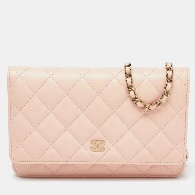 Pre-owned Chanel Peach Quilted Caviar Leather Cc Flap Wallet On Chain In Pink