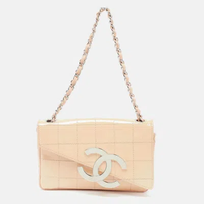 Pre-owned Chanel Peach Square Quilt Patent Leather Diagonal Cc Flap Bag In Orange
