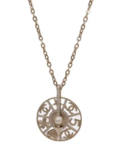 Pre-owned Chanel Pearl And Crystal Cc Necklace In Gold