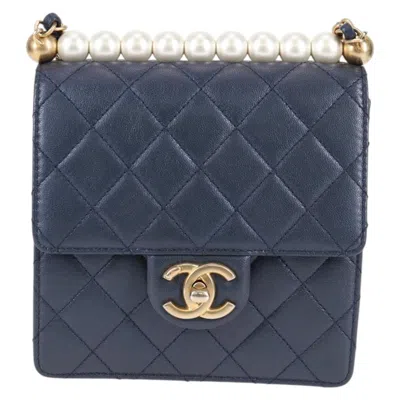 Pre-owned Chanel Pearl Bag Navy Leather Shoulder Bag () In Blue