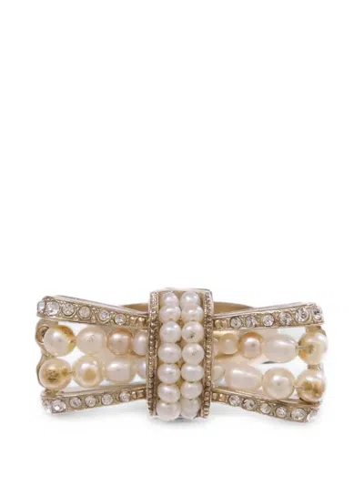 Pre-owned Chanel Pearl Bow Ring In Gold