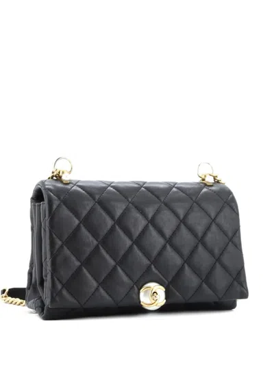Pre-owned Chanel Pearl Cc Accordion Flap Bag Quilted Calfskin Medium Shoulder Bag In Black