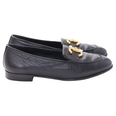 Pre-owned Chanel Pearl Cc Loafers In Black Lambskin Leather