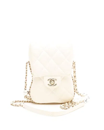 Pre-owned Chanel Pearl Chain Around Phone Clutch Bag In White