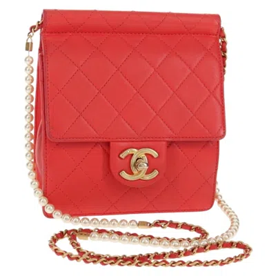 Pre-owned Chanel Pearl Chain Flap Bag Quilted Lambskin Red Calfskin Clutche & Pouche Bag ()