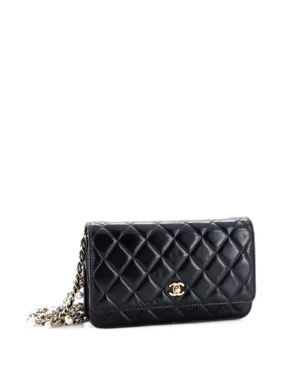 Pre-owned Chanel Pearl Charm Wallet On Chain Quilted Glazed Calfskin Crossbody Bag In Black