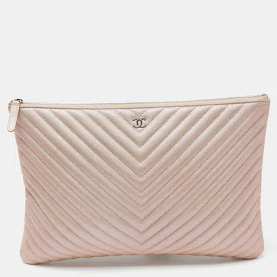 Pre-owned Chanel Pearl Chevron Caviar Leather Large O-case Zip Pouch In Beige