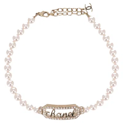 Pre-owned Chanel Pearl Choker Necklace With Crystal Embellished '' Signature In Multi