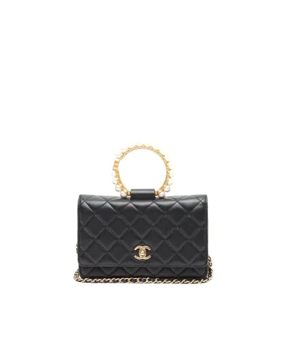 Pre-owned Chanel Pearl Crown Wallet On Chain Bag In Black