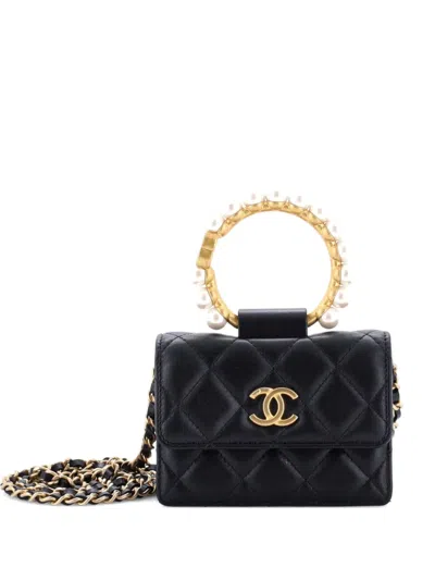 Pre-owned Chanel Pearl Crown With Chain Quilted Lambskin Clutch Bag In Black