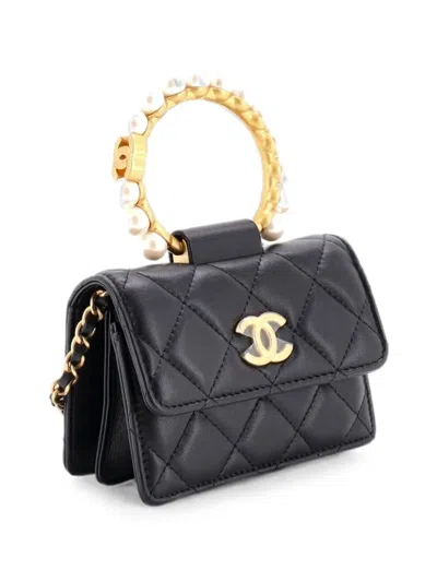 Pre-owned Chanel Pearl Crown With Chain Quilted Lambskin Clutch Bag In Black
