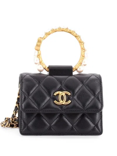 Pre-owned Chanel Pearl Crown With Chain Quilted Lambskin Clutch Bag In Black