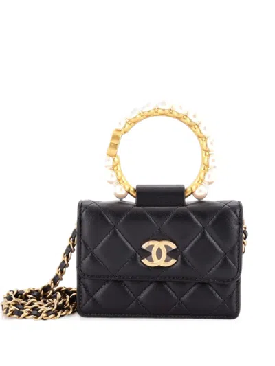 Pre-owned Chanel Pearl Crown With Chain Quilted Lambskin Clutch Bag In Black