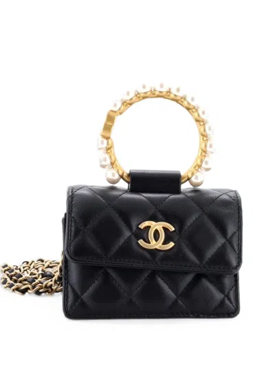 Pre-owned Chanel Pearl Crown With Chain Quilted Lambskin Clutch Bag In Black