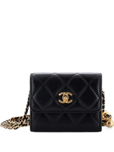 Pre-owned Chanel Pearl Crush Card Holder With Chain Quilted Lambskin Crossbody Bag In Black