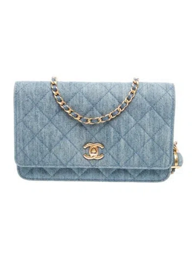 Pre-owned Chanel Pearl Crush Denim Wallet On Chain In Blue