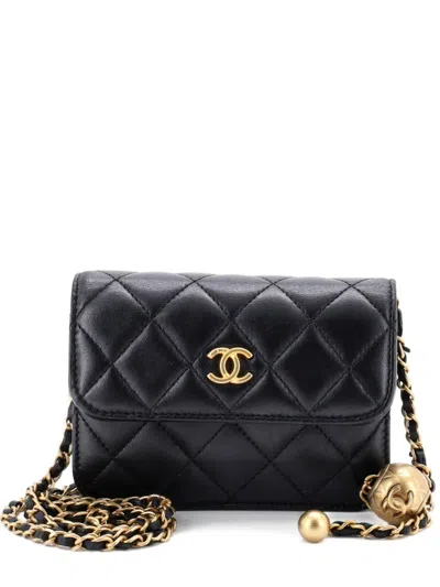 Pre-owned Chanel Pearl Crush Flap Clutch With Chain Quilted Lambskin Mini Crossbody Bag In Black