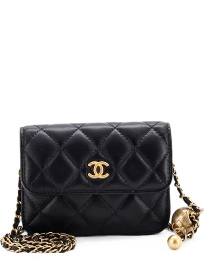 Pre-owned Chanel Pearl Crush Flap Clutch With Chain Quilted Lambskin Mini Crossbody Bag In Black