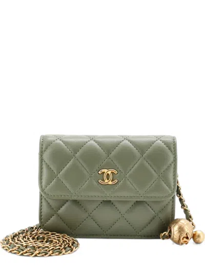 Pre-owned Chanel Pearl Crush Flap Clutch With Chain Quilted Lambskin Mini Crossbody Bag In Green