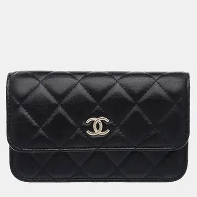 Pre-owned Chanel Pearl Crush Mini Black Lambskin Leather Wallet On Chain Bag