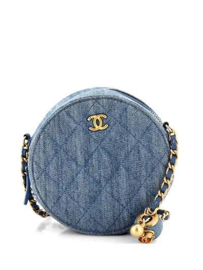 Pre-owned Chanel Pearl Crush Round Clutch With Chain Quilted Denim Shoulder Bag In Blue