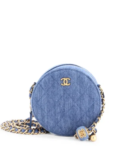 Pre-owned Chanel Pearl Crush Round Clutch With Chain Quilted Denim Shoulder Bag In Blue