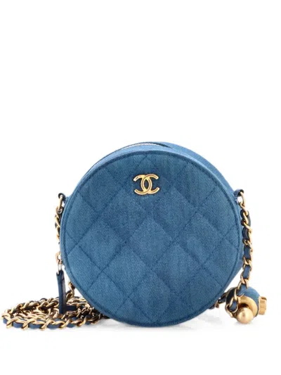 Pre-owned Chanel Pearl Crush Round Clutch With Chain Quilted Denim Shoulder Bag In Blue