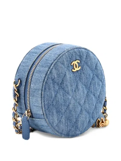 Pre-owned Chanel Pearl Crush Round Clutch With Chain Quilted Denim Shoulder Bag In Blue