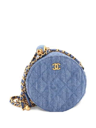 Pre-owned Chanel Pearl Crush Round Clutch With Chain Quilted Denim Shoulder Bag In Blue