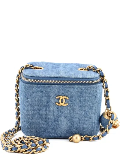 Pre-owned Chanel Pearl Crush Vanity Case With Chain Quilted Denim Mini Clutch Bag In Blue