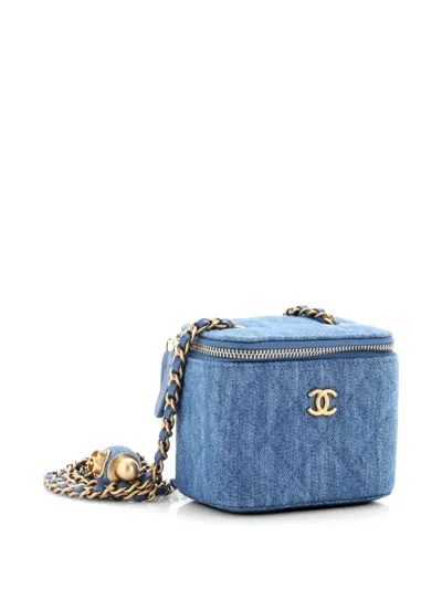 Pre-owned Chanel Pearl Crush Vanity Case With Chain Quilted Denim Mini Clutch Bag In Blue