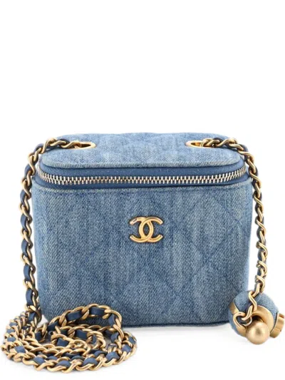 Pre-owned Chanel Pearl Crush Vanity Case With Chain Quilted Denim Mini Clutch Bag In Blue