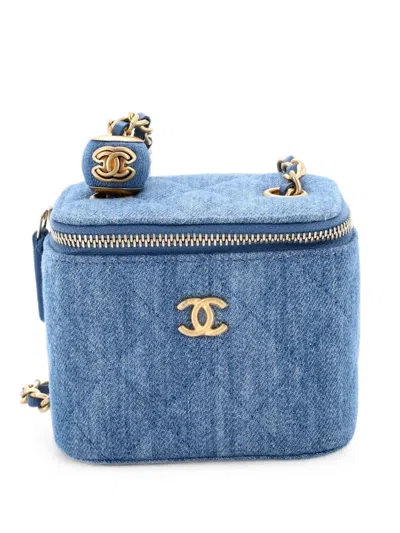 Pre-owned Chanel Pearl Crush Vanity Case With Chain Quilted Denim Mini Clutch Bag In Blue
