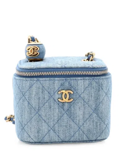 Pre-owned Chanel Pearl Crush Vanity Case With Chain Quilted Denim Mini Clutch Bag In Blue