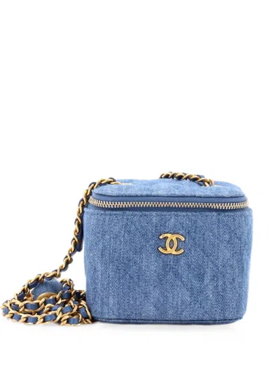 Pre-owned Chanel Pearl Crush Vanity Case With Chain Quilted Denim Mini Clutch Bag In Blue