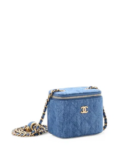 Pre-owned Chanel Pearl Crush Vanity Case With Chain Quilted Denim Mini Clutch Bag In Blue