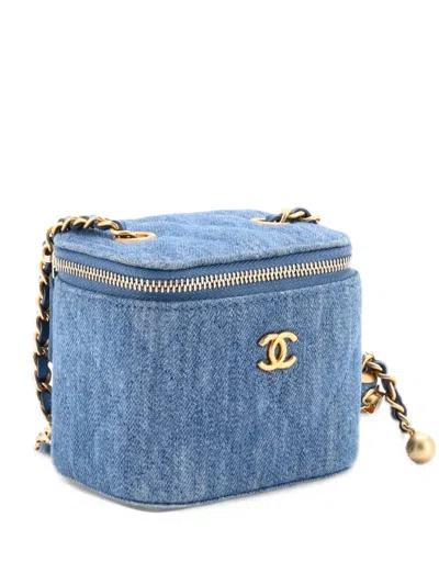 Pre-owned Chanel Pearl Crush Vanity Case With Chain Quilted Denim Mini Clutch Bag In Blue