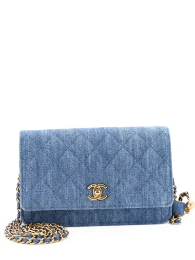 Pre-owned Chanel Pearl Crush Wallet On Chain Quilted Denim Crossbody Bag In Blue