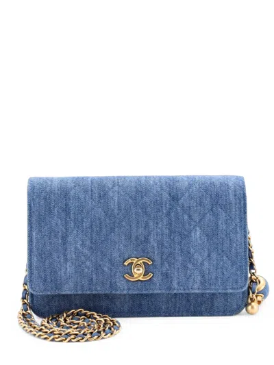 Pre-owned Chanel Pearl Crush Wallet On Chain Quilted Denim Crossbody Bag In Blue