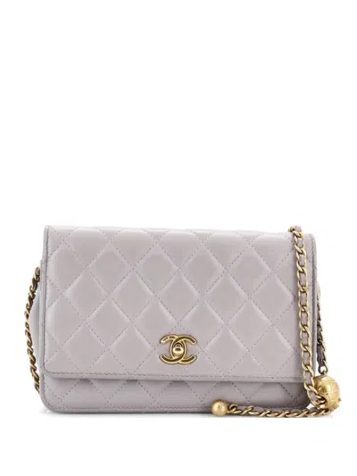 Pre-owned Chanel Pearl Crush Wallet On Chain Quilted Lambskin Crossbody Bag In Gray