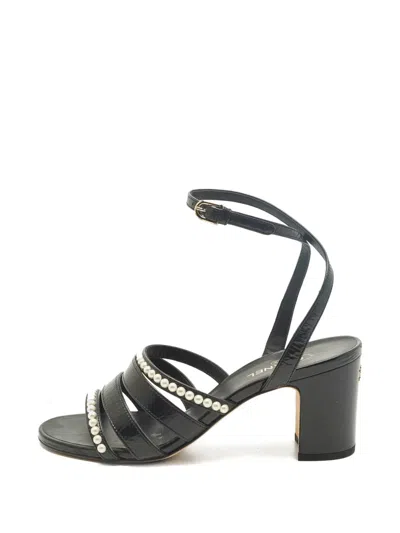 Pre-owned Chanel Pearl-embellished Leather Sandals In Black