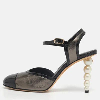 Pre-owned Chanel Pearl Embellished Size 38 Black Patent And Leather D'orsay Sling Pumps