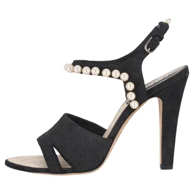 Pre-owned Chanel Pearl Embellished Suede Sandals In Black